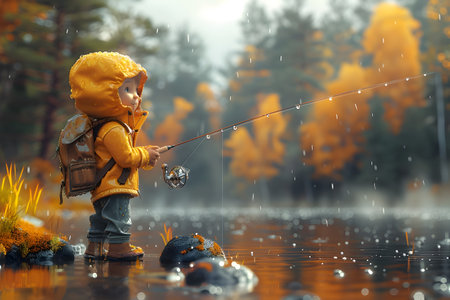 A charming depiction of a child enjoying a peaceful fishing trip in a rainy woodland setting rendered in the style of Cinema4D perfect for a serene and calming atmosphereの素材