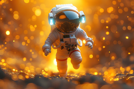 An astronaut running and flying through bright orange and golden lights in the outer space depicted in the style of Vrayの素材