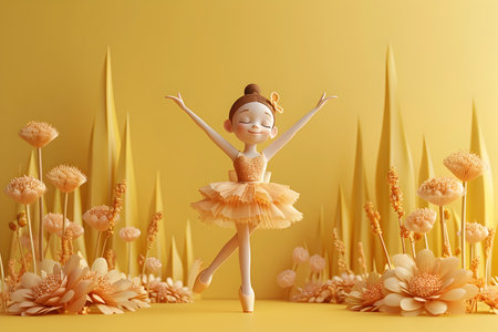 A 3D rendered image of a young girl dressed in a floral tutu standing on a yellow background evoking a sense of charm and whimsyの素材