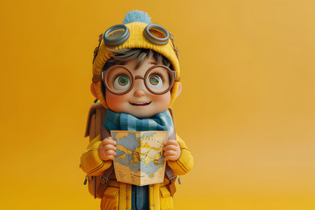 A stylized digital illustration of a cartoon boy in hiking gear holding a map Created in the style of meticulous photorealistic still lifes and rendered in cinema4d this image features a boy in a polar bear mask and snowsuit with sunglasses on a yellの素材