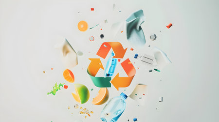 Illustration of a recycling symbol concept in the style of vibrant compositions and surreal still life with plastic falling on a background in light emerald and orangeの素材