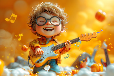 A cartoon kid wearing sunglasses playing guitar on a mountain in the style of hyper-realistic oil The kid is enjoying his own rhythm on the peak of the mountain surrounded by lush greenery and clear blue skyの素材