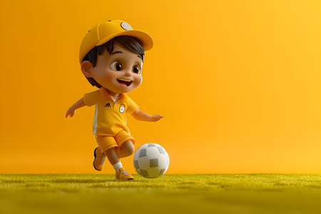 A cheerful kid in a yellow and orange uniform can be seen playing soccer on a sunny field rendered in a 3D style similar to Zbrush and Cinema4D This funny character inspired by Indian pop culture is shown wearing a yellow tuxedo shirt kicking a ballの素材