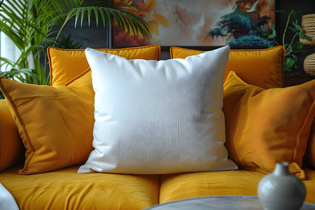 A modern living room featuring an orange couch adorned with decorative silver cushions creating a cozy and inviting atmosphere for relaxation and comfortの素材