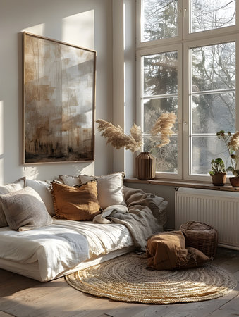 A cozy living room with earthy color palette filled with natural light and decorated with white furniture and vasesの素材