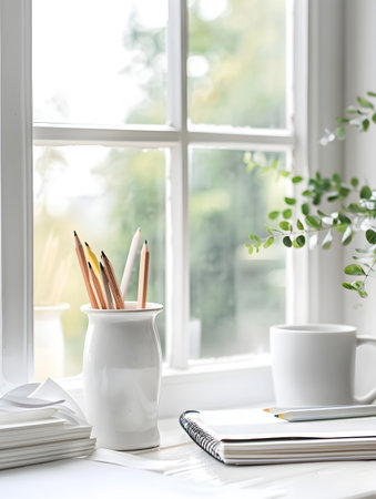 A home office desk with a jar of pencils and papers on a window sill, a desk plant, and a coffee mug, in the style of a painting and writing tools, evoking feelings of productivity, creativity, and mindfulness in a peaceful and inspiring workspaceの素材