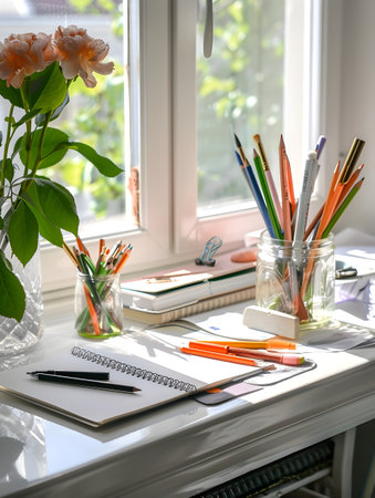 A beautifully styled home office desk with an array of pens and pencils, a vase full of flowers, and natural light pouring in from a nearby window The perfect setup for productivity, creativity, and inspiration while working from home or studyingの素材