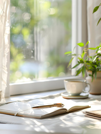 A table with a cup of coffee, notebook, and pen sits on a window sill, basking in the warm sunrays A window is open nearby, with a book resting next to it in a soft and dreamy pastel setting An open pad of paper and pen is also placed on a desk nearの素材