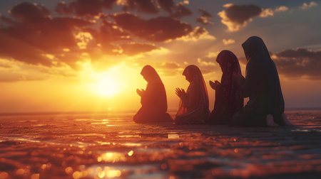 Four muslim women in silhouette, praying at the edge of the ocean during sunset Created in the style of Unreal Engine, the scene is visually stunning with vibrant colors and realistic details, evoking feelings of spirituality and connection withの素材