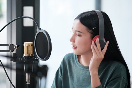 A woman is recording a song in a studioの写真素材