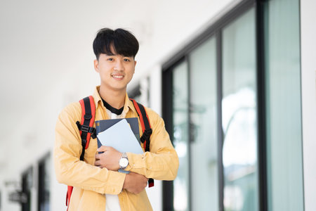 A college student stands in the hallway of his school, holding textbooks and smiling, ready for a day of learning and studies.の写真素材