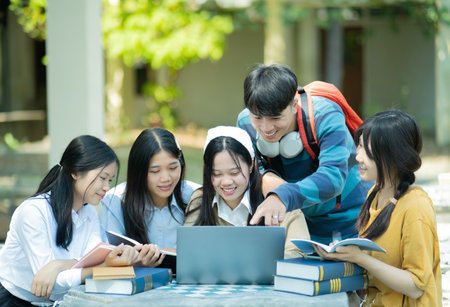Group of students studying on campus outdoors
