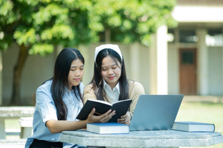 Group of students studying on campus outdoorsの写真素材