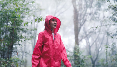Smiling woman hiking through lush, misty forest on a rainy dayの写真素材