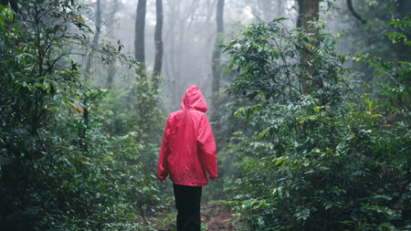 Rear view of person walking in the forestの写真素材