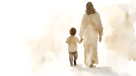 Watercolor painting of Jesus walking hand in hand with a child in a serene and minimalistic setting.の写真素材