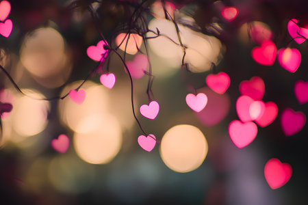 Bunch of pink hearts are hanging from a tree branch