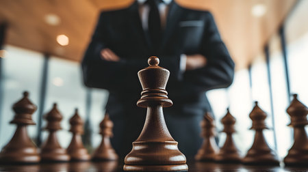 Man in a suit stands in front of a chess board with a king on itの写真素材