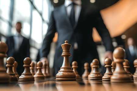 Man in a suit is playing chess with a wooden kingの写真素材