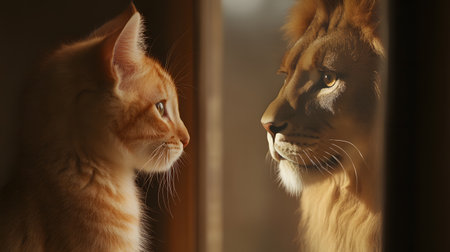 Cat and a lion are looking at each other through a windowの写真素材