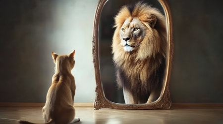 Cat is sitting in front of a mirror and looking at a lionの素材