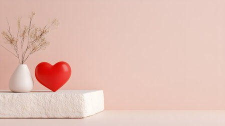 White vase with a red heart in it sits on a white stoneの写真素材