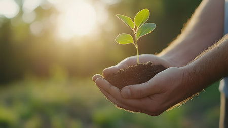 Hands holding a young sapling with soil against a sunlit natural background, symbolizing growth and sustainability.の素材