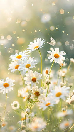 Butterfly is flying in a field of flowersの写真素材