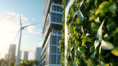 Modern green building facade with vertical gardens and wind turbine in a sustainable cityscape.の写真素材