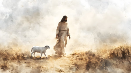 Jesus is walking a sheep in a fieldの写真素材