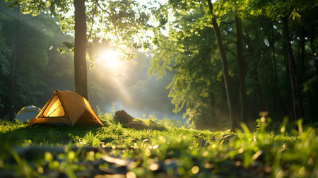 Yellow tent is set up in a grassy fieldの写真素材