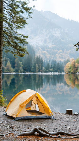 Yellow tent is set up in a grassy field next to a lakeの写真素材