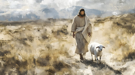 Jesus is walking a sheep in a fieldの写真素材