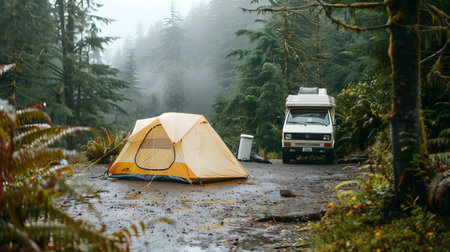 Yellow tent is set up in the woodsの写真素材