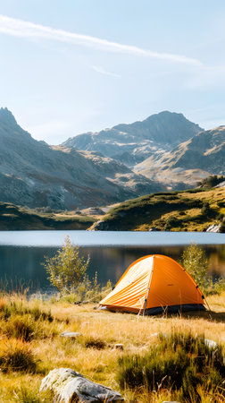 Yellow tent is set up in a grassy field next to a lakeの写真素材