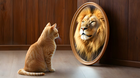 Cat is sitting in front of a mirror and looking at its reflectionの写真素材