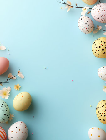 Blue background with a bunch of colorful eggs scattered around itの写真素材