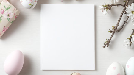 White card with a blank space sits on a table with a bunch of Easter eggsの写真素材