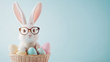 Rabbit wearing glasses sits in a basket full of Easter eggsの写真素材