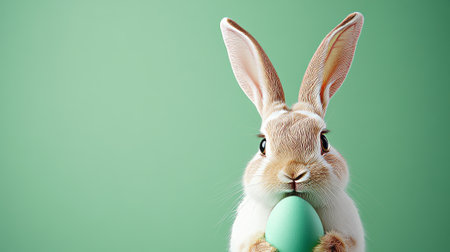 Rabbit is holding an egg in its mouthの写真素材