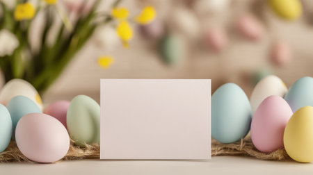 White card with a blank space sits on a table next to a bunch of Easter eggs