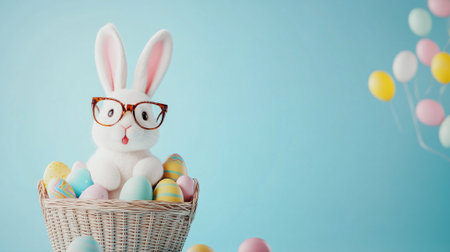 Rabbit wearing glasses sits in a basket full of Easter eggsの写真素材