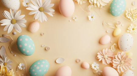 Colorful arrangement of eggs and flowers on a yellow backgroundの写真素材