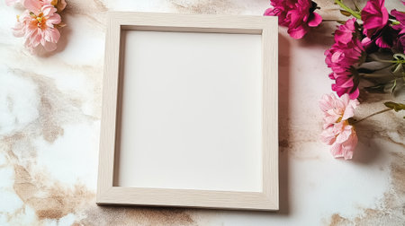 White frame with a blank space sits on a table with pink flowers