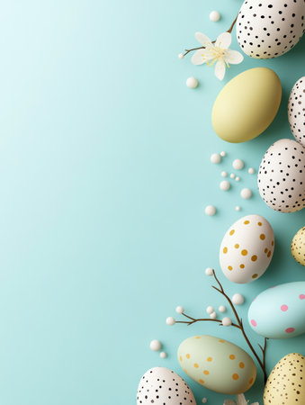 Blue background with a bunch of eggs and a branchの写真素材