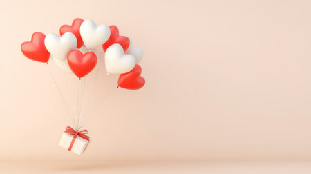 Bunch of red and white balloons with hearts floating in the air