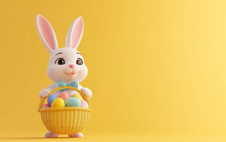 Cartoon rabbit holding a basket of Easter eggsの写真素材