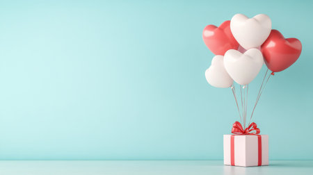 Box of balloons with hearts on them is sitting on a blue backgroundの写真素材