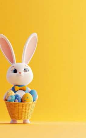 Cartoon rabbit holding a basket of Easter eggsの写真素材