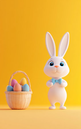 Cartoon rabbit stands in front of a basket of Easter eggsの写真素材